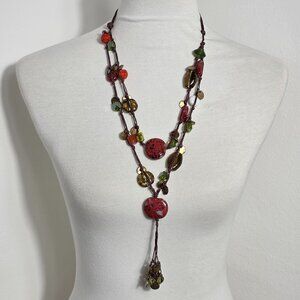Chico's Vintage Glass Bead Necklace Boho Style Double Layered Brown Cord